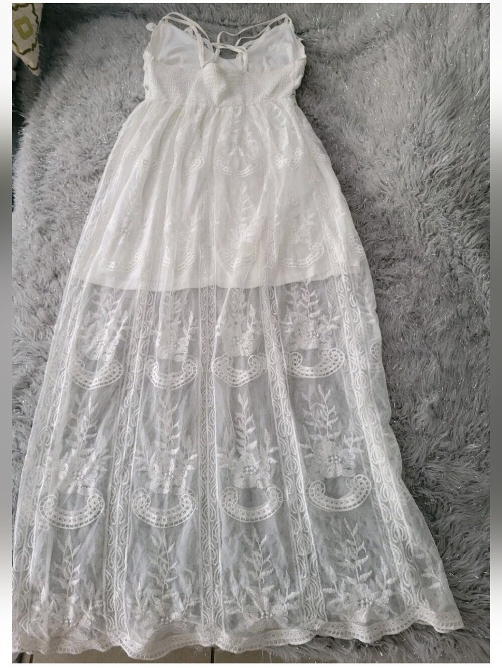 White Lace Maxi Dress Wedding Bralette Top Sheer Boho Crochet Scalloped Beach L - Picture 9 of 13